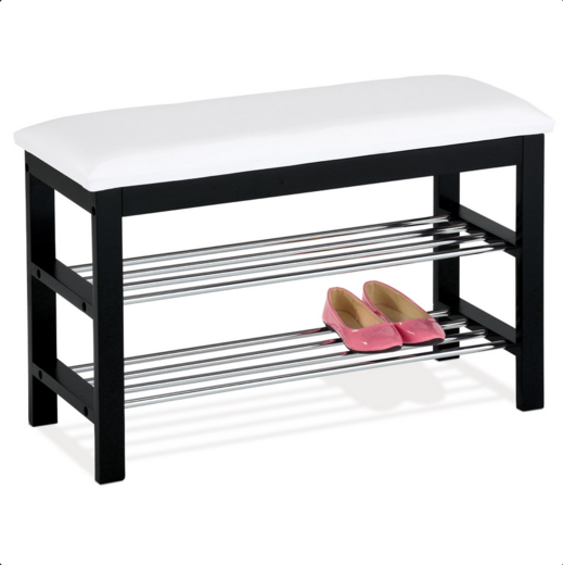 Botník dřevěný z masivu černý bílá kůže Autronic 83168-06 BK